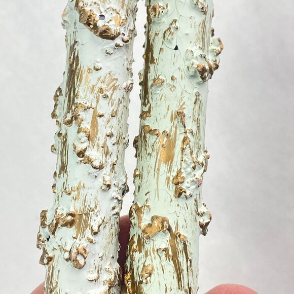 Vintage Pair Faux Melting Taper Candles Painted Gold Blue Green - Picture 2 of 10